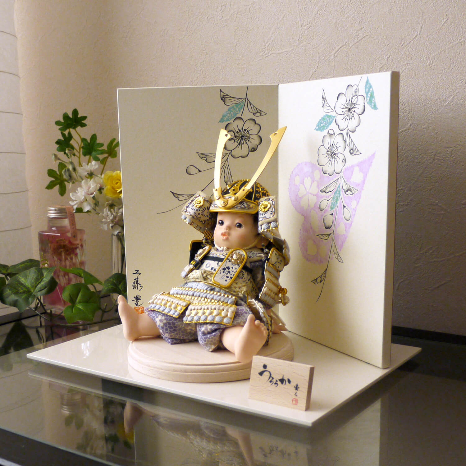 壱三作 鎧着大将「うららか」空 淡水色鎧 屏風手描「ハート辻が花」
